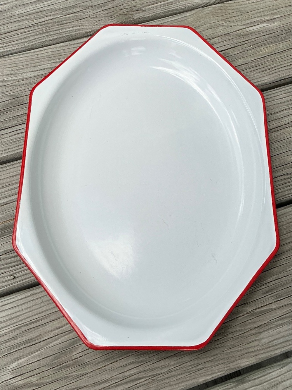 Vintage 1930s Art Deco Enamelware Octagonal Platter Tray Red White Antique